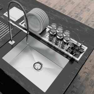 Detalle del escurridor de platos de 3 módulos Canal Kitchen instalado - Calha Úmida