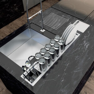 Detalle del escurridor de platos de 3 módulos Canal Slim instalado - Calha Úmida