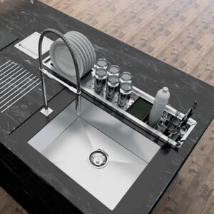 Detalle del escurridor de platos de 4 módulos Línea Kitchen instalado - Calha Úmida